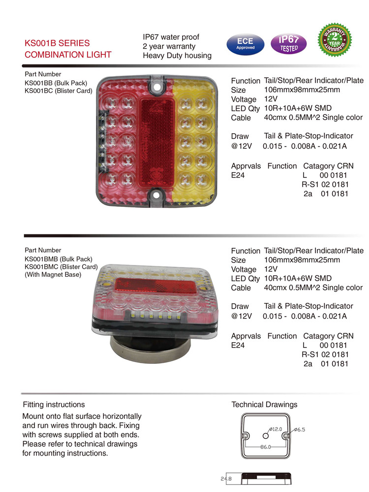 Ks001b Waterproof E-MARK Stop/Tail/Rear/Plate LED Light Truck