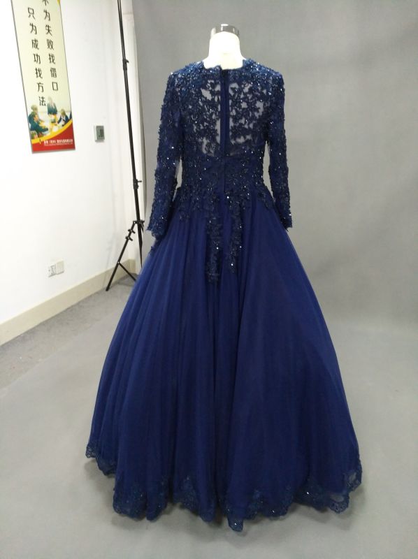 Long Sleeve V Neck Lace Blue Ball Gown Evening Dress