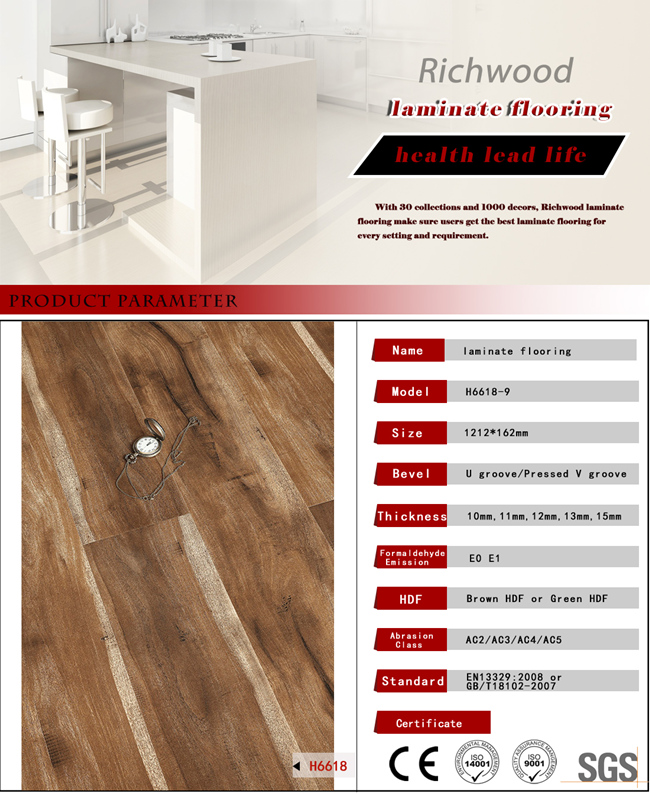 Vinyl Plank 12.3mm E1 Parquet Hand Scraped U-Grooved Laminate Wood Flooring