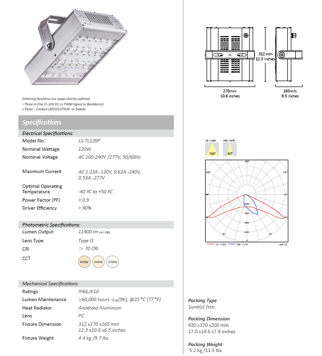 120W Aluminum Alloy LED Tunnel Light with Energy Saving