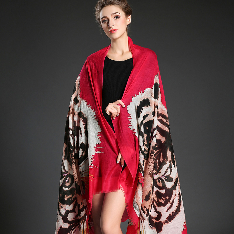 Lady Long Wool Tiger Pattern Digital Printing Red Scarf Muffler