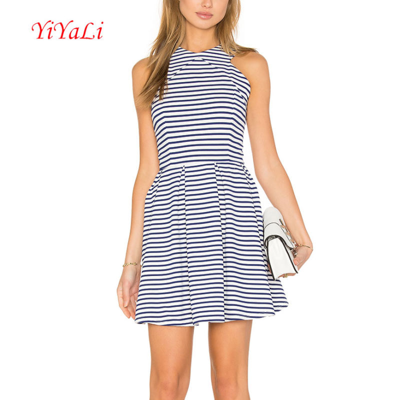 Black N White Stripes Sleeveless Pleated Dress