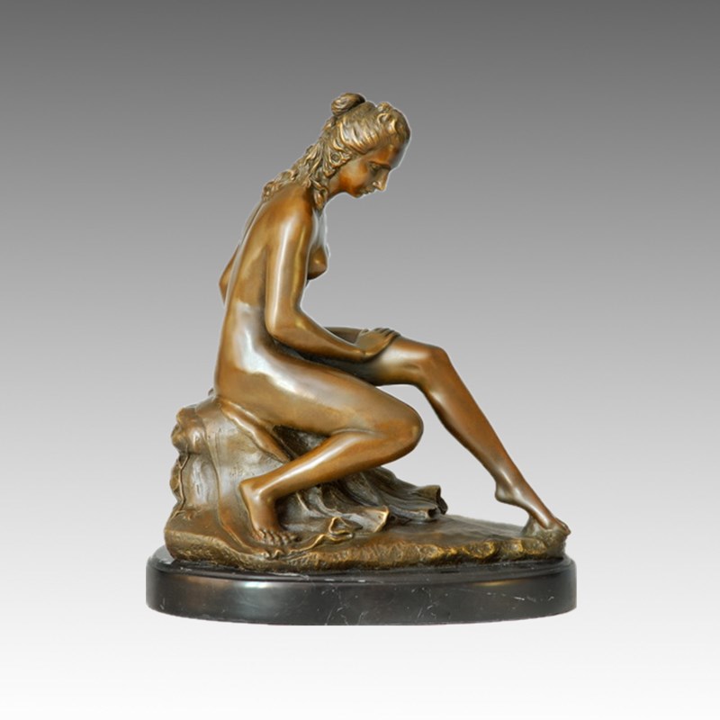 Nude Bronze Sculpture Bathing Female Deco Brass Statue TPE-105