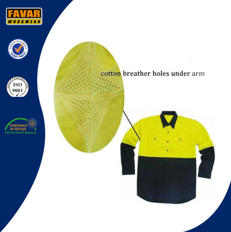 Fluro Yellow Cotton Drill Summer Long Sleeve Shirt Safety Workwear with Mesh Vent