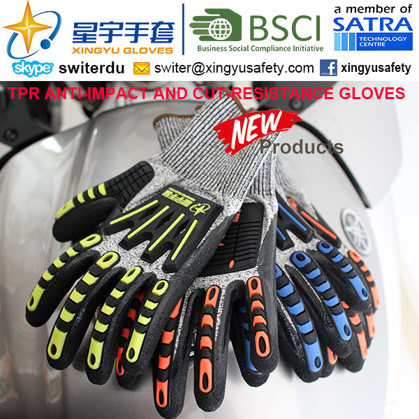 Cut-Resistance and Anti-Impact TPR Gloves, 13G Hppe Shell Cut-Level 3, Sandy Nitrile Palm Coated, Anti-Impact TPR on Back Mechanic Gloves