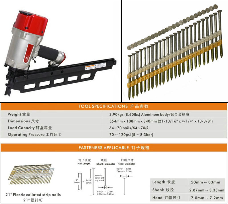 (SRN9021) Pneumatic Framing Nailer for 21 Degree Plastic Collated Framing Nails