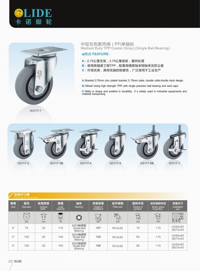 Medium Duty Single Bearing Tpp Swivel Wheel Caster (Gray) (G3117)