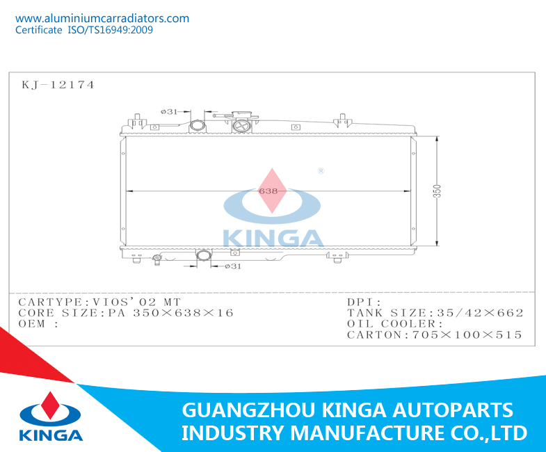 Car Radiator for Toyota Vios'02 Mt with Certificate ISO9001, Ts16949