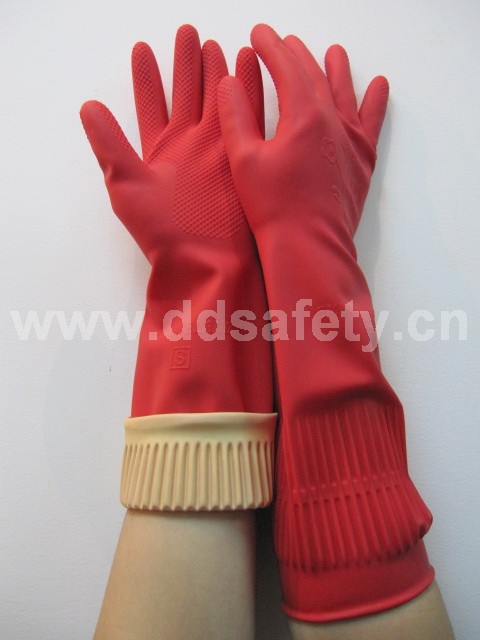 Red Flock Lined Long Beaded Cuff Household Working Glove (DHL442)