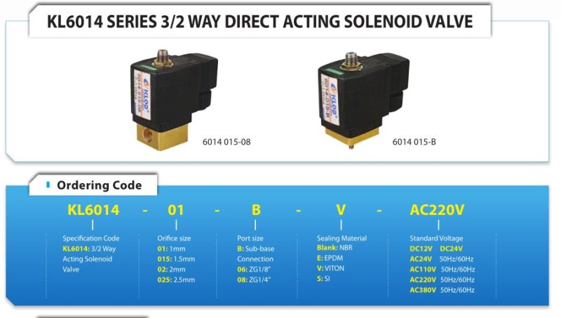 Kl6014 Series 3/2 Way Direct Acting Mini Solenoid Valve (6014015-B)