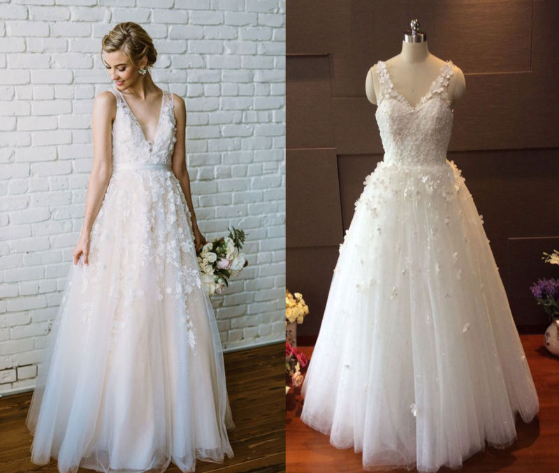 V Neck Tulle Beach Flower Wedding Gown