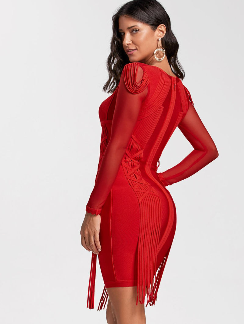 Lady Red Bandage Dress with V-Neck Collar Tassel Dress