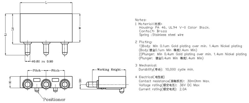 Brass Right Angle Pogo Pin Connector with Spring Loaded, 3 Contacts