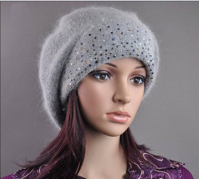 Womens Wool Angora Knitted Beads Slouchwarm Hat Beret Beanie (HW140)