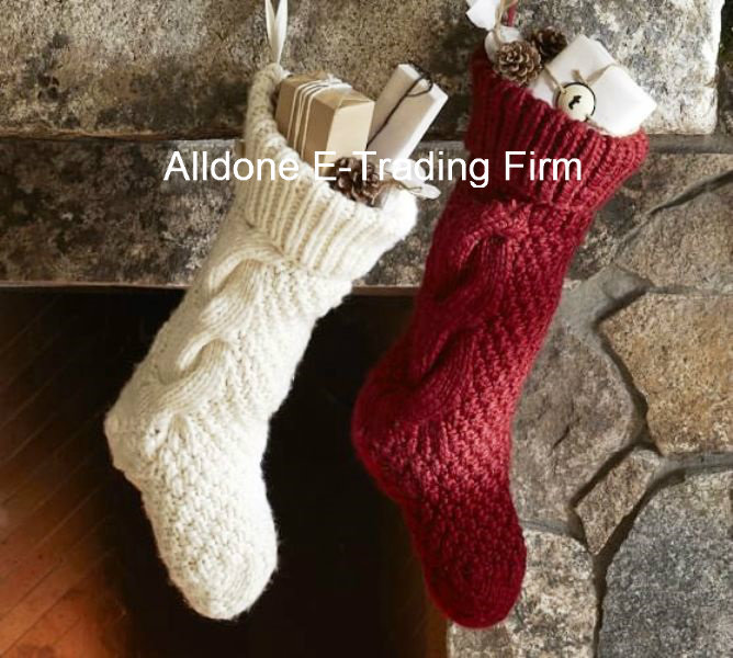 Hand Knit Chunky Christmas Stocking Socks with Hanging Loop Pompoms