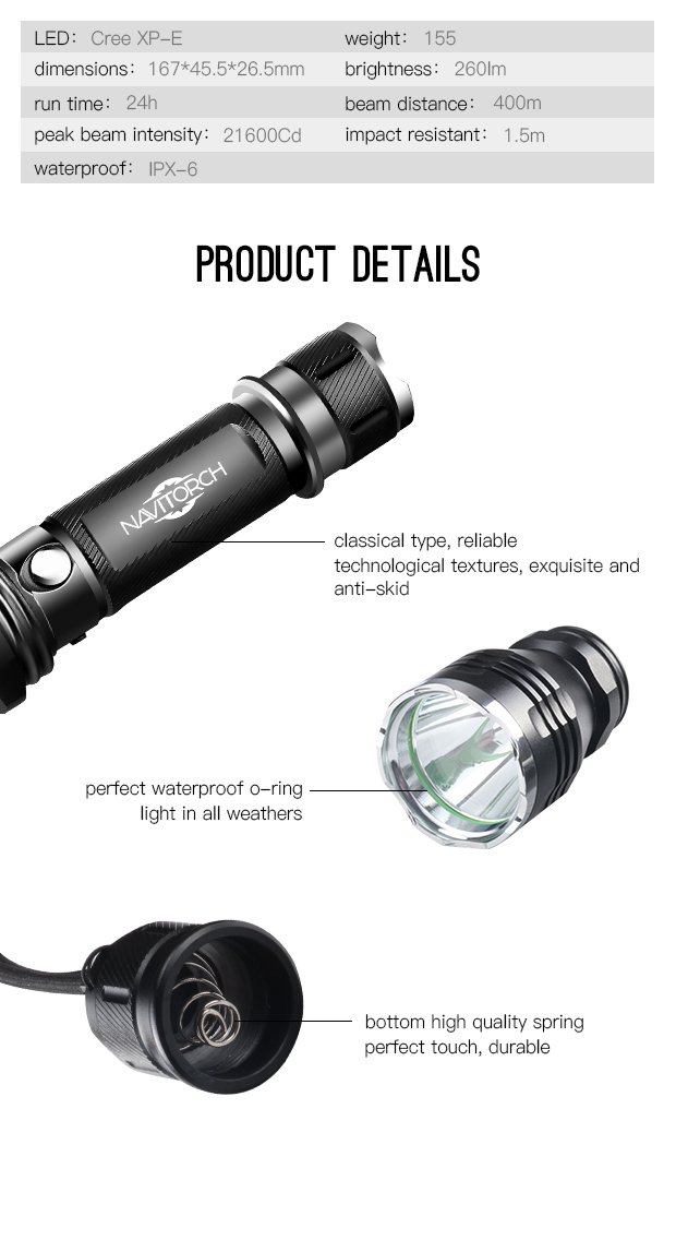 Aluminium Alloy Multi Colors 260 Lumens Recharegeable Torch with 18650 Battery (NK-09)