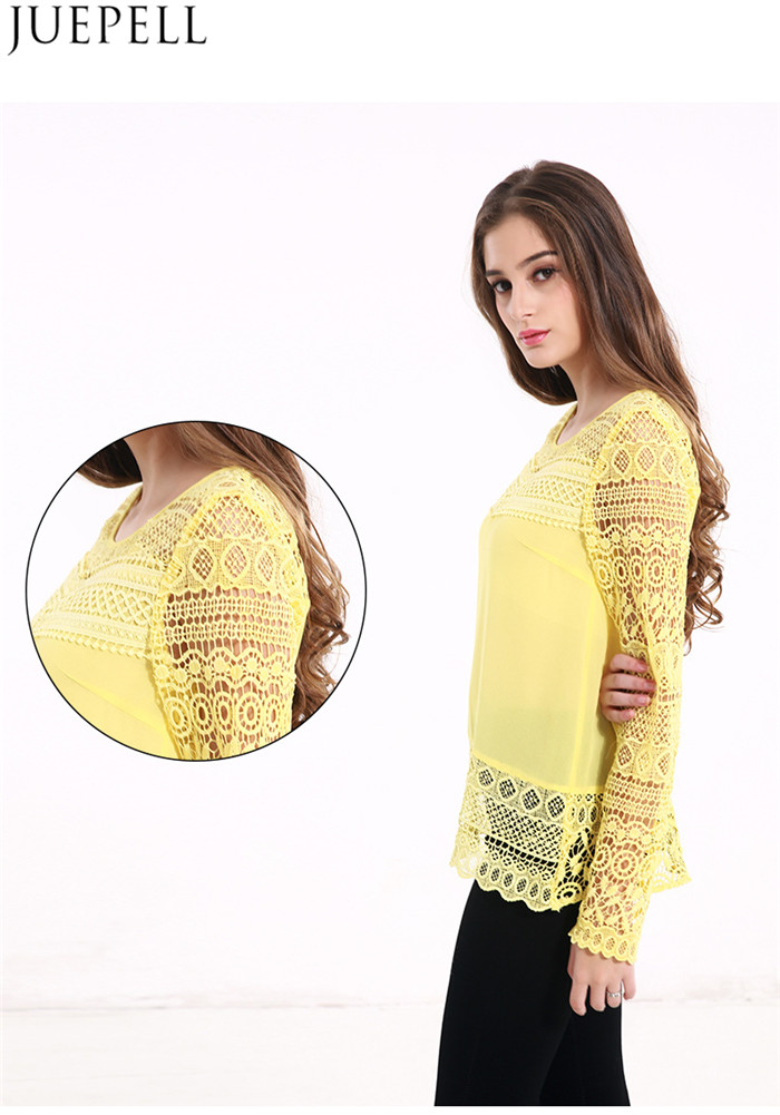 Europe 2016 New Round Neck Long-Sleeved Lace Shirt Big Yards Loose Openwork Crochet Lace Stitching T-Shirt Women Summer Blouse