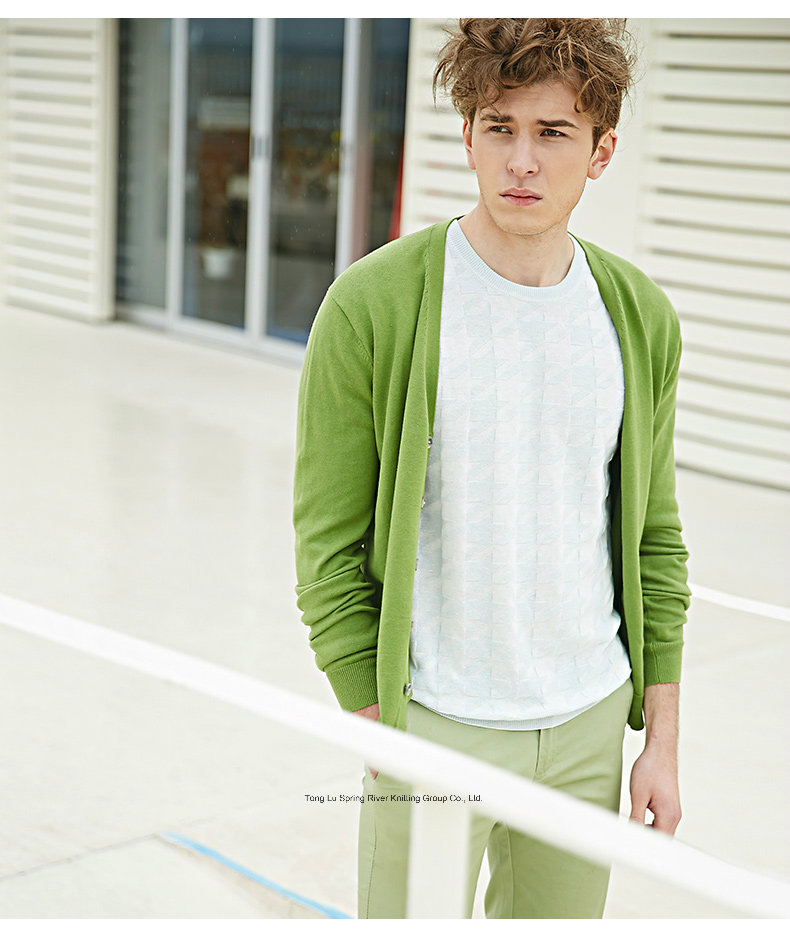 Light Green V Neck Men Sweater Cardigan with Button