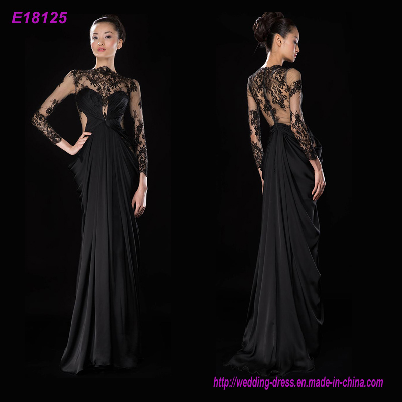 New Fashion Top Quality Transparent Gold Lace Long Sleeves Party Evening Dresses Floor Length Dress