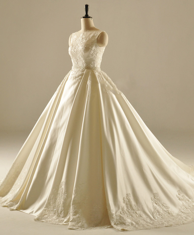 Boat Neck Pleat Skirt Wedding Gown