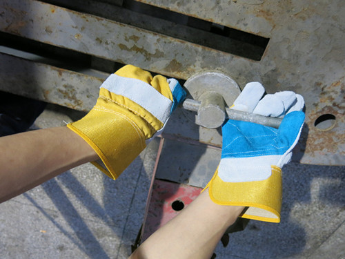 Grey Cow Split Blue Leather Reinforced Glove Yellow Cotton Back Safety Gloves Dlc324