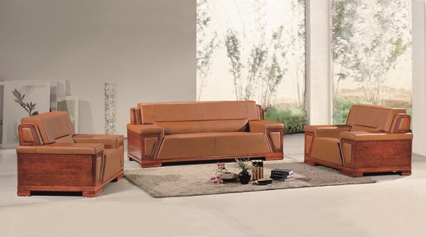 Elegant Brown Genuine Leather and Antique Wood Office Sofa Set, Office Furniture Design