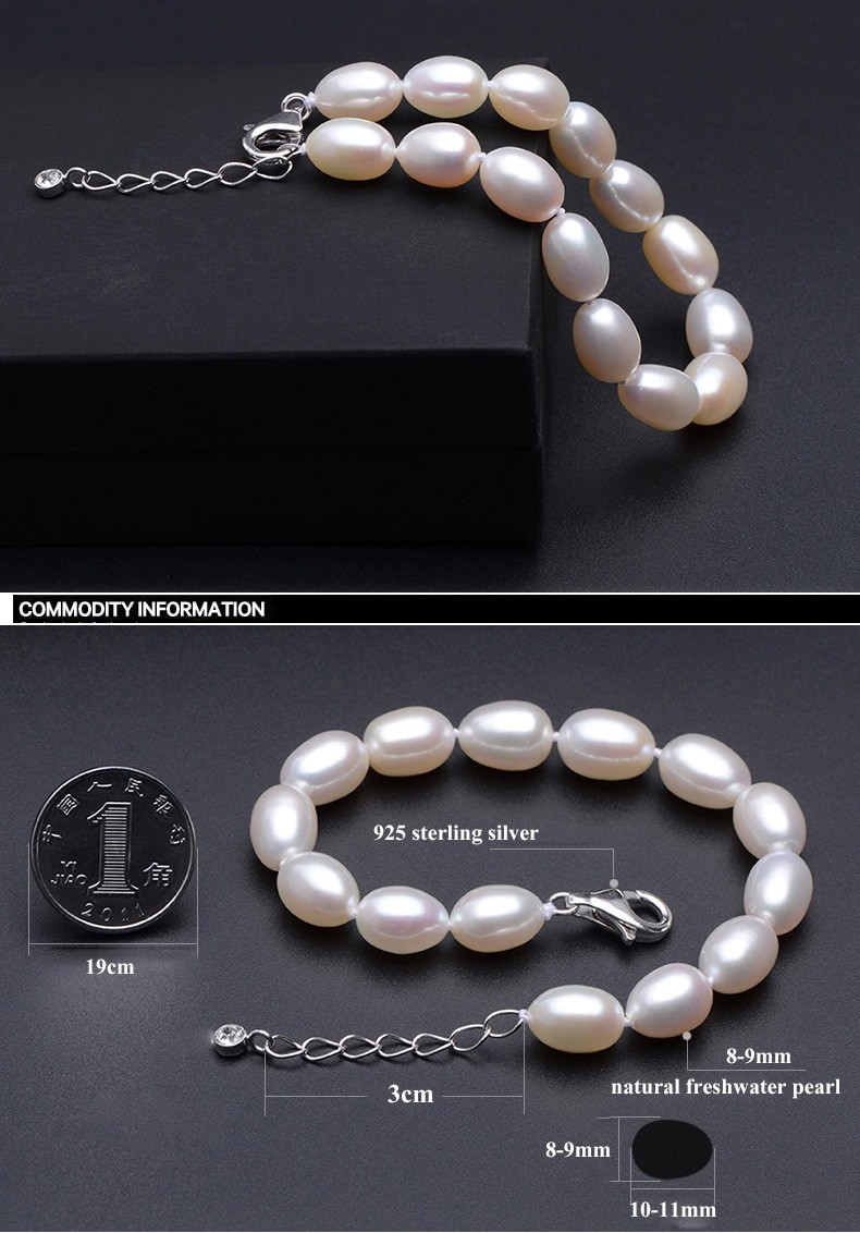 8-9mm Rice AAA with 925 Sterling Silver Clasp White Freshwater Pearl Bracelet