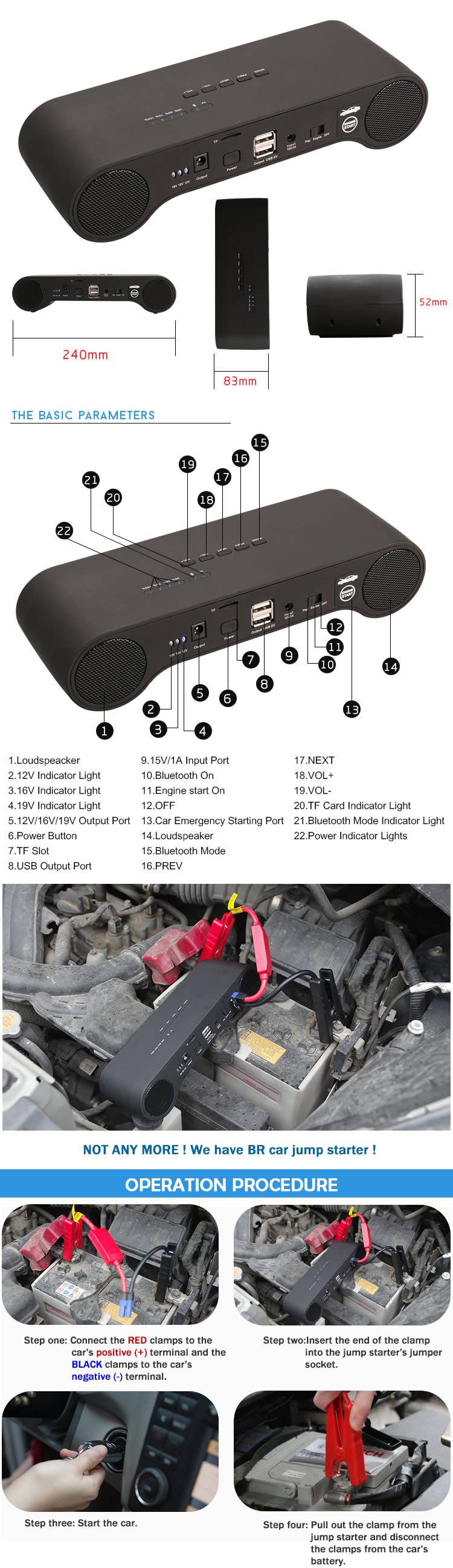 Power Bank Multi-Function Auto Car Battery Bluetooth Speaker Jump Starter