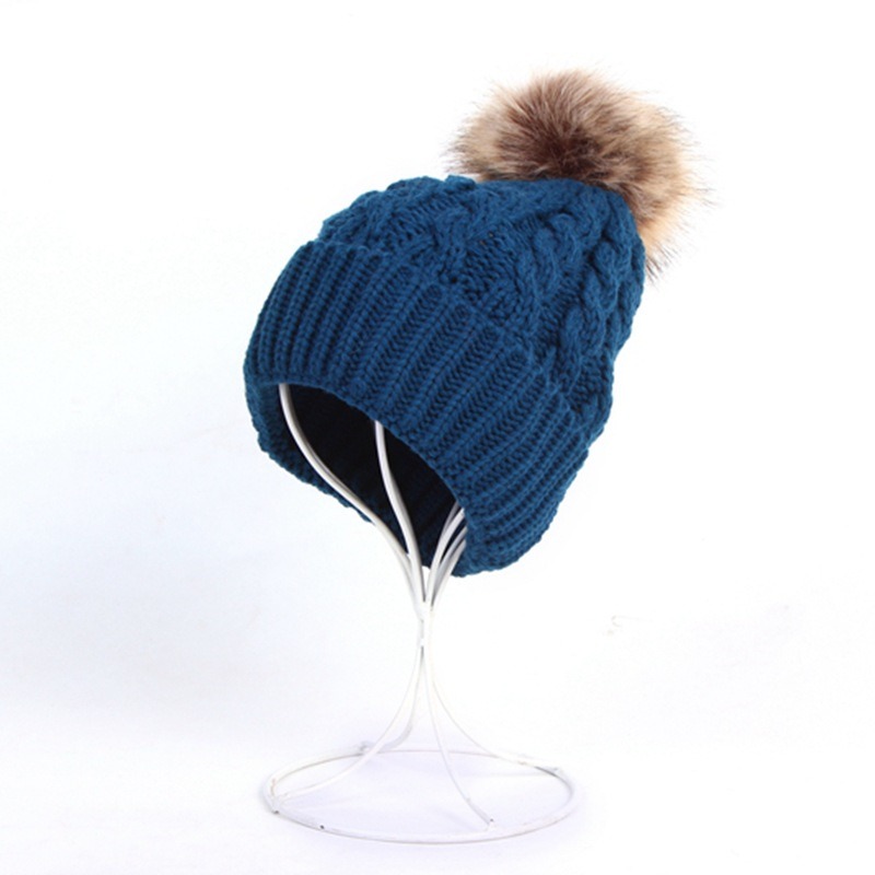 Womens Mens Fake Fur Ball Cap POM POM Knitted Beanies Thick Hat (HW100)