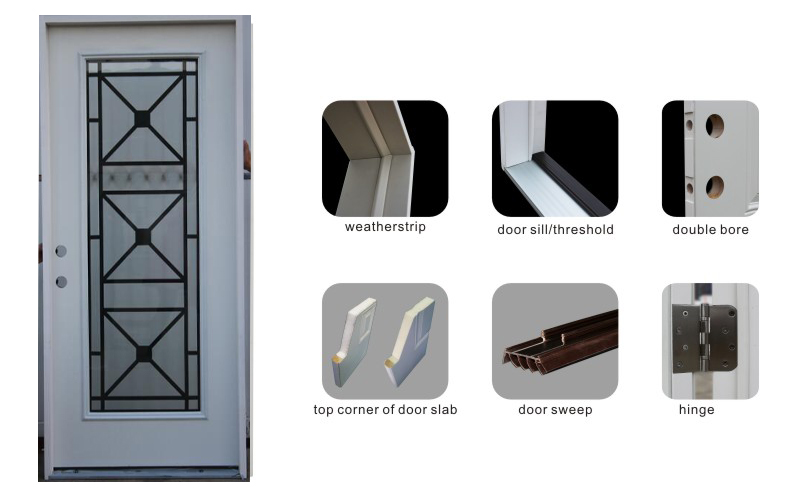 Double Lite Decorative Tempered Glass Steel Door