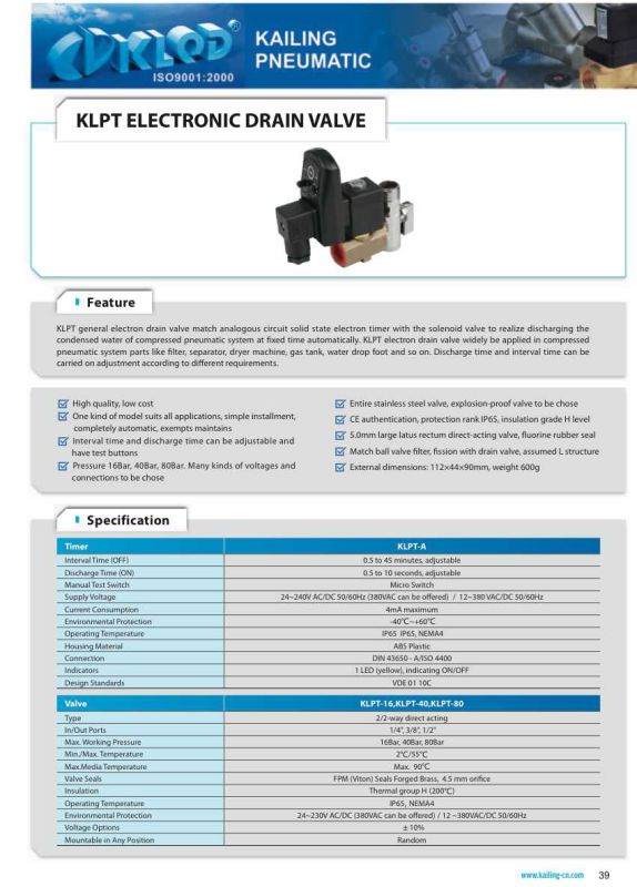 Klpt Electronic Drain Valve for Gas