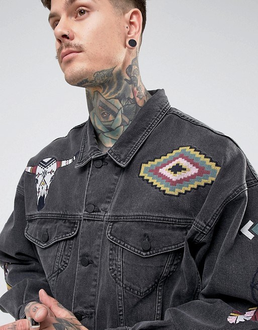 Denim Oversized Jacket with Embroidery in Washed Black