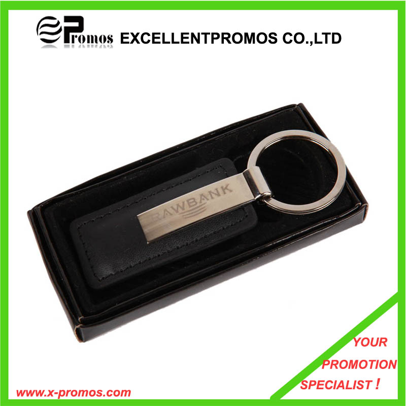 High Quality Simple Elongated Black Leather Metal Keychain (EP-K7893)