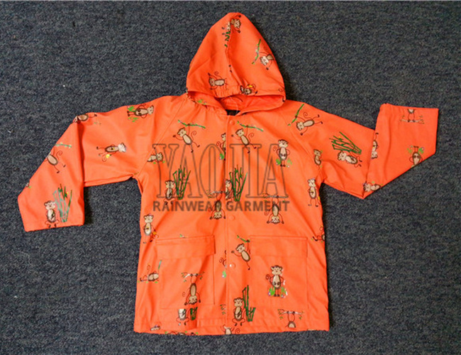 Orange Color PVC Waterproof Rain Jacket with Hood for Kids