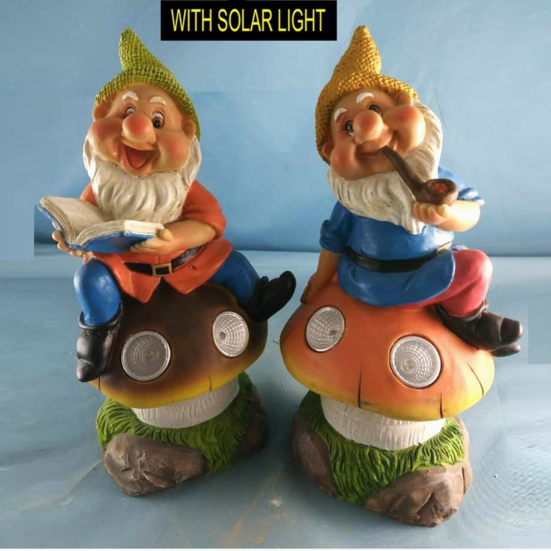 Dwarf Sitting on Mushroom with Solar Light Polyresin Garden Decoration