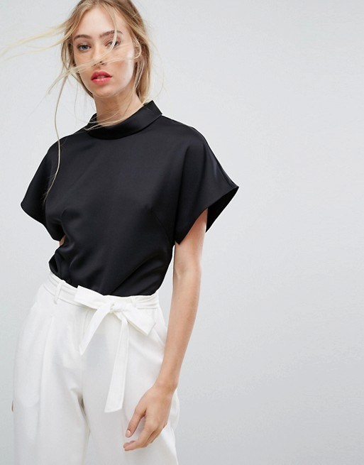 Ladies Round Collar Blouse with Short Sleeve Blouse