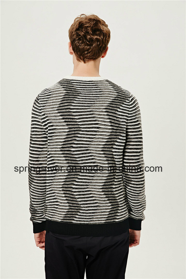 Special Pattern Round Neck Striped Knit Men Sweater