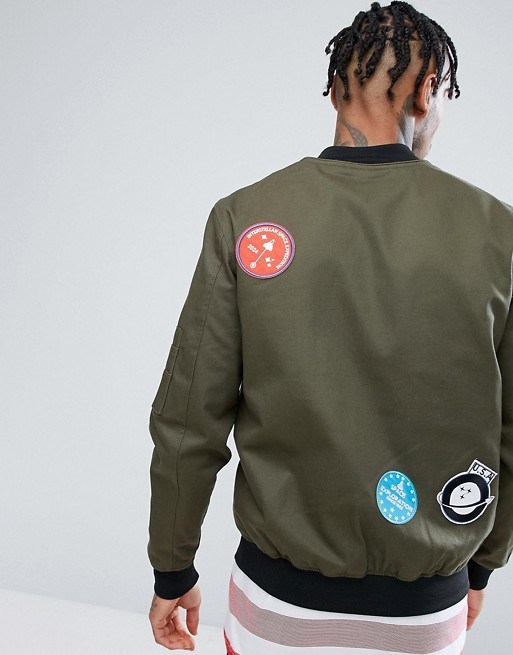 Bomber Jacket with Badges and Sleeve Zip in Khaki