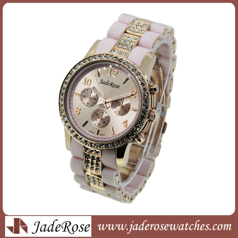 Exquisite Diamond Watches Wwomen's Alloy Watch with Silicone Strap