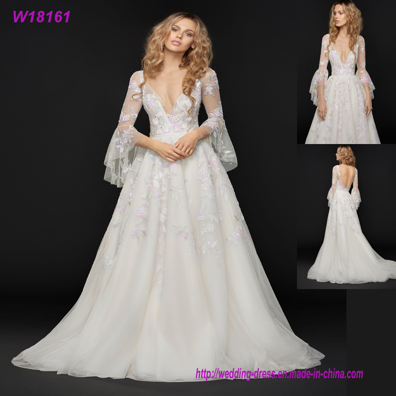 Long Sleeve Deep V Neck Wedding Dress Shiny Lace Ball Gown Bridal Dress