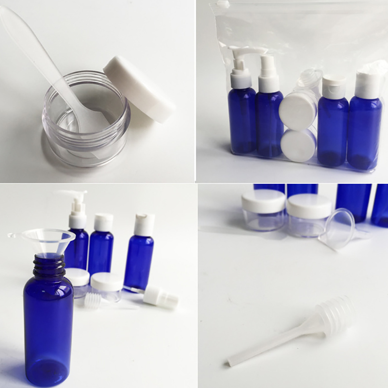 9 Piece Set Blue Plastic Travel Set, Pump Sprayer Bottle (PT04)