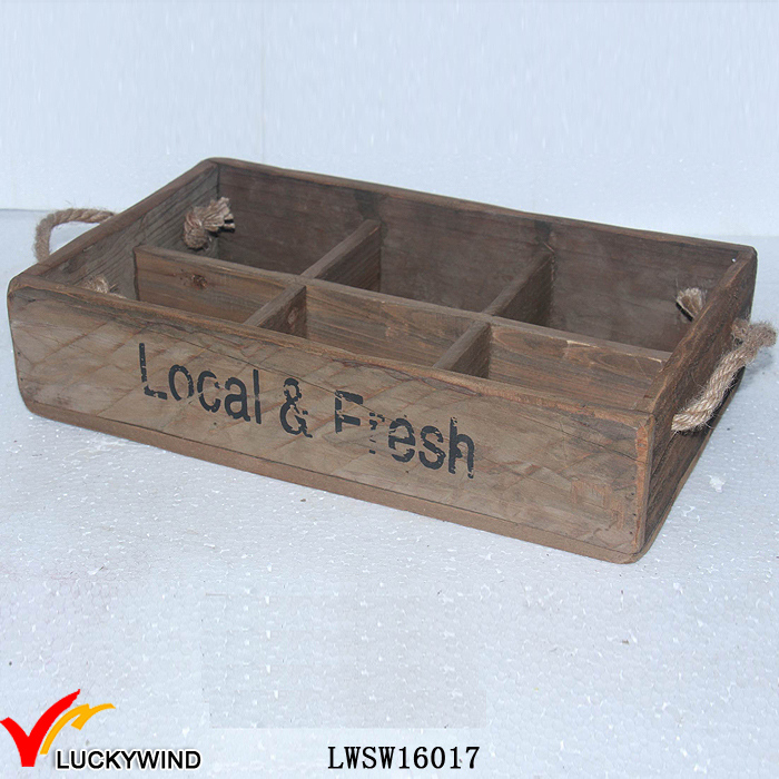 Recycled Fir Wood Table Storage Divided Trays with Rope Handles