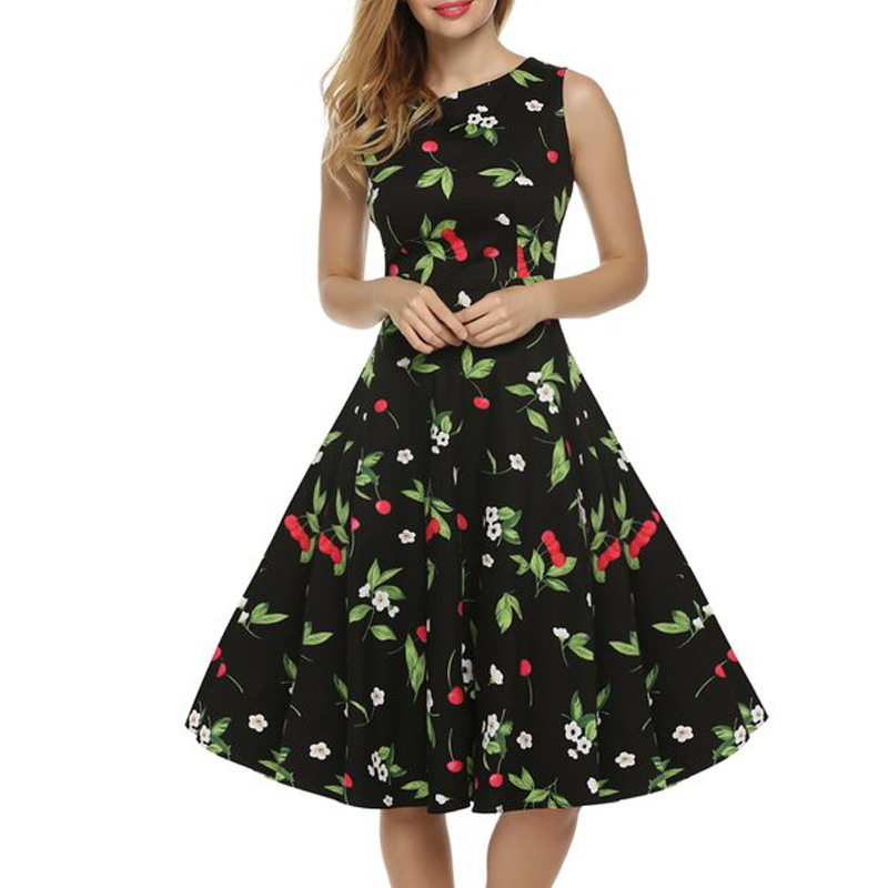 European Women's Summer Sleeveless Sexy Cherry Printing Dress