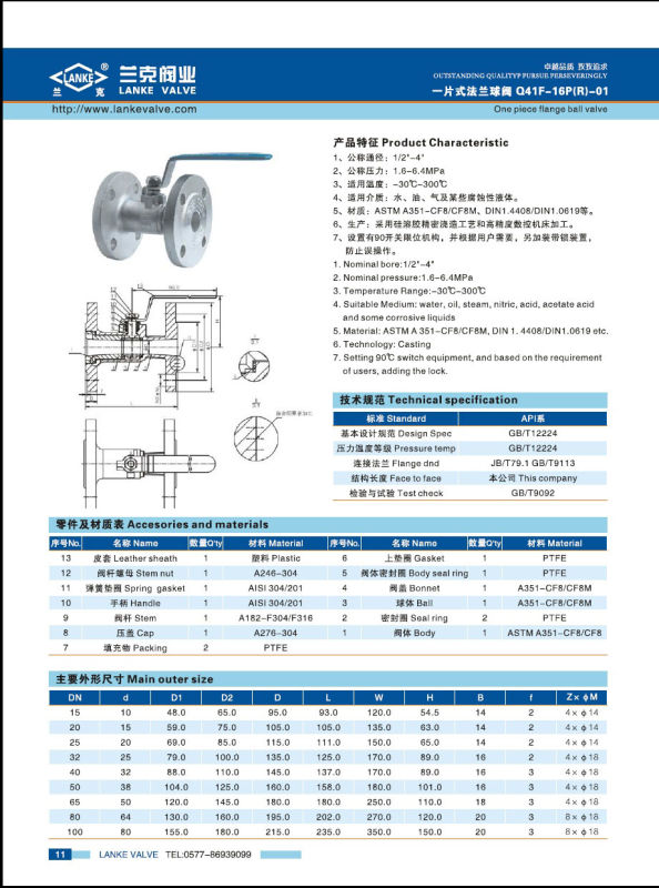 One Piece Ss304 Flanged Ball Valve (Q41F)