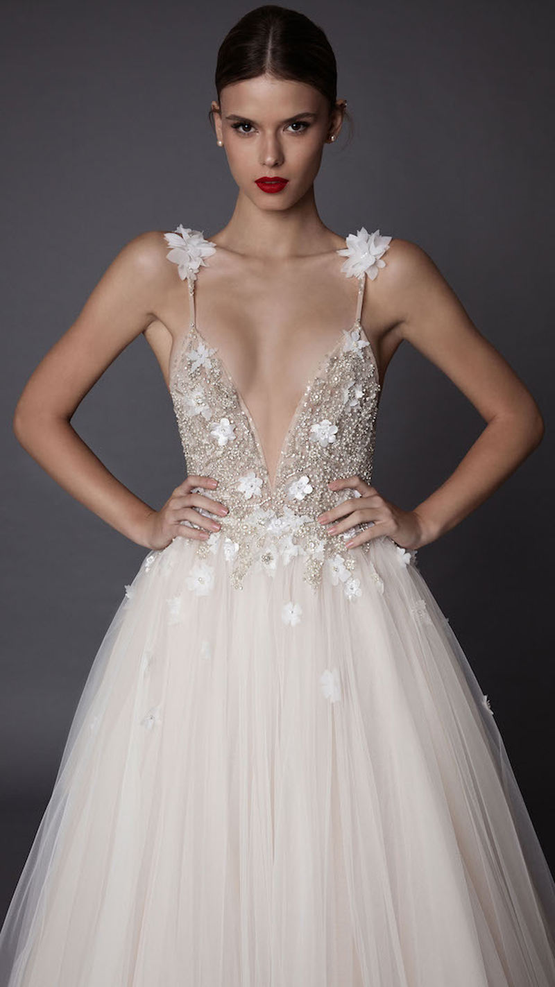 The Fashion-Forward Beaded Deep V-Neck Wedding Dress with 3D Flowers