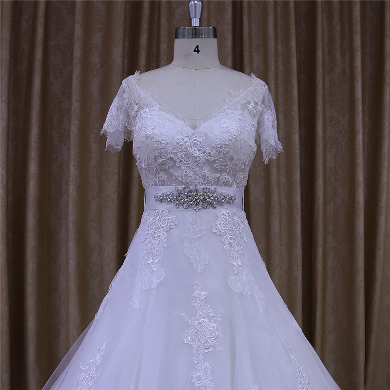 V Neck A Line Short Sleeve Appliques Wedding Dresses