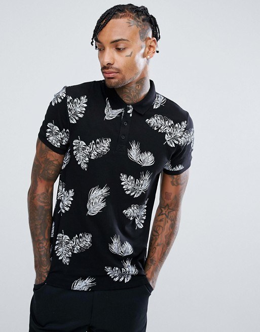 Black and White Polo with Leaf Print Polo