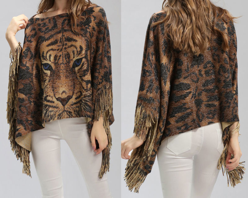 Womens Sweater Cardigan Wraps Lurex Tiger Printing Winter Knitted Shawls Poncho (SP611)