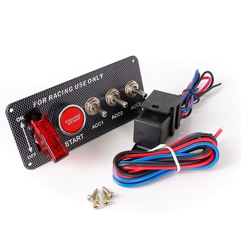 Ignition Switch Panel, 12V 30A Auto Engine Starter Push Button Racing Ignition Switch Red LED Toggle Carbon Fiber Panel with 5 Buttons