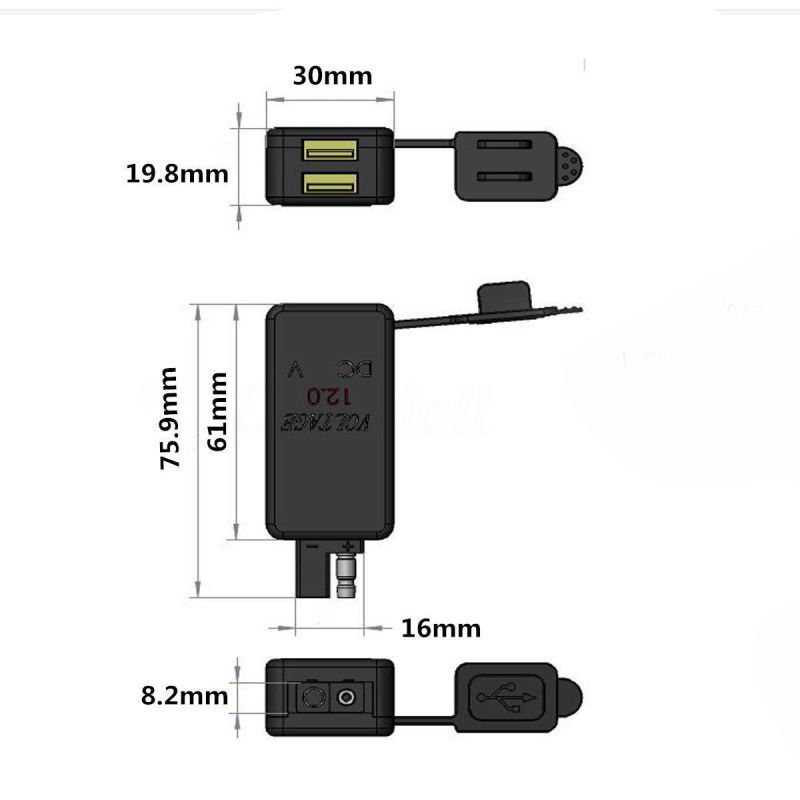 5V/3.1A Black Motorbike SAE to USB Cable Adaptor Dual USB Blue LED Voltmeter